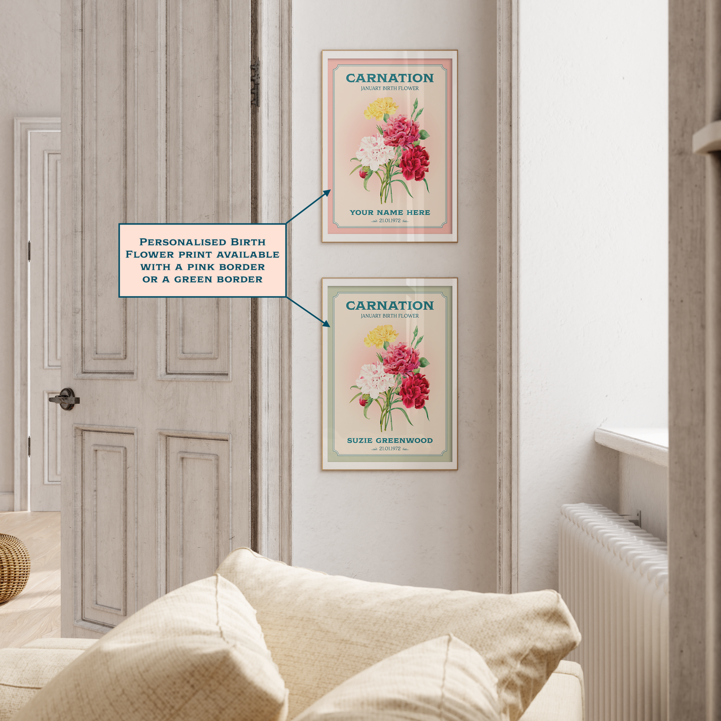 Personalised January Birth Flower Art Print – Carnation Wall Art