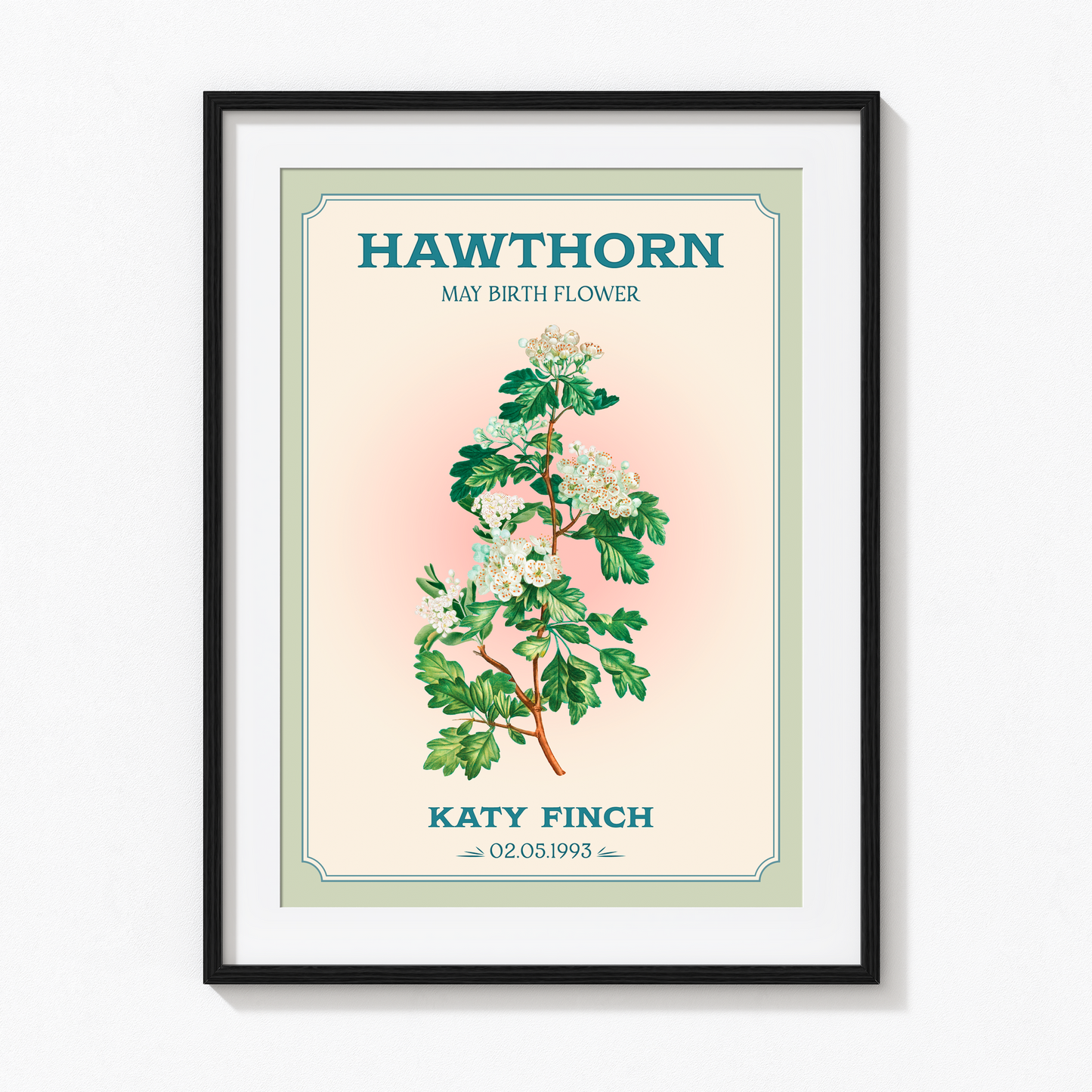 Personalised May Birth Flower Art Print – Hawthorn Wall Art