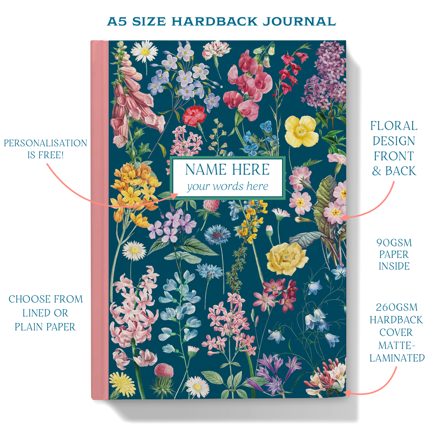 Personalised Notebook – Wild Flower Design Dark